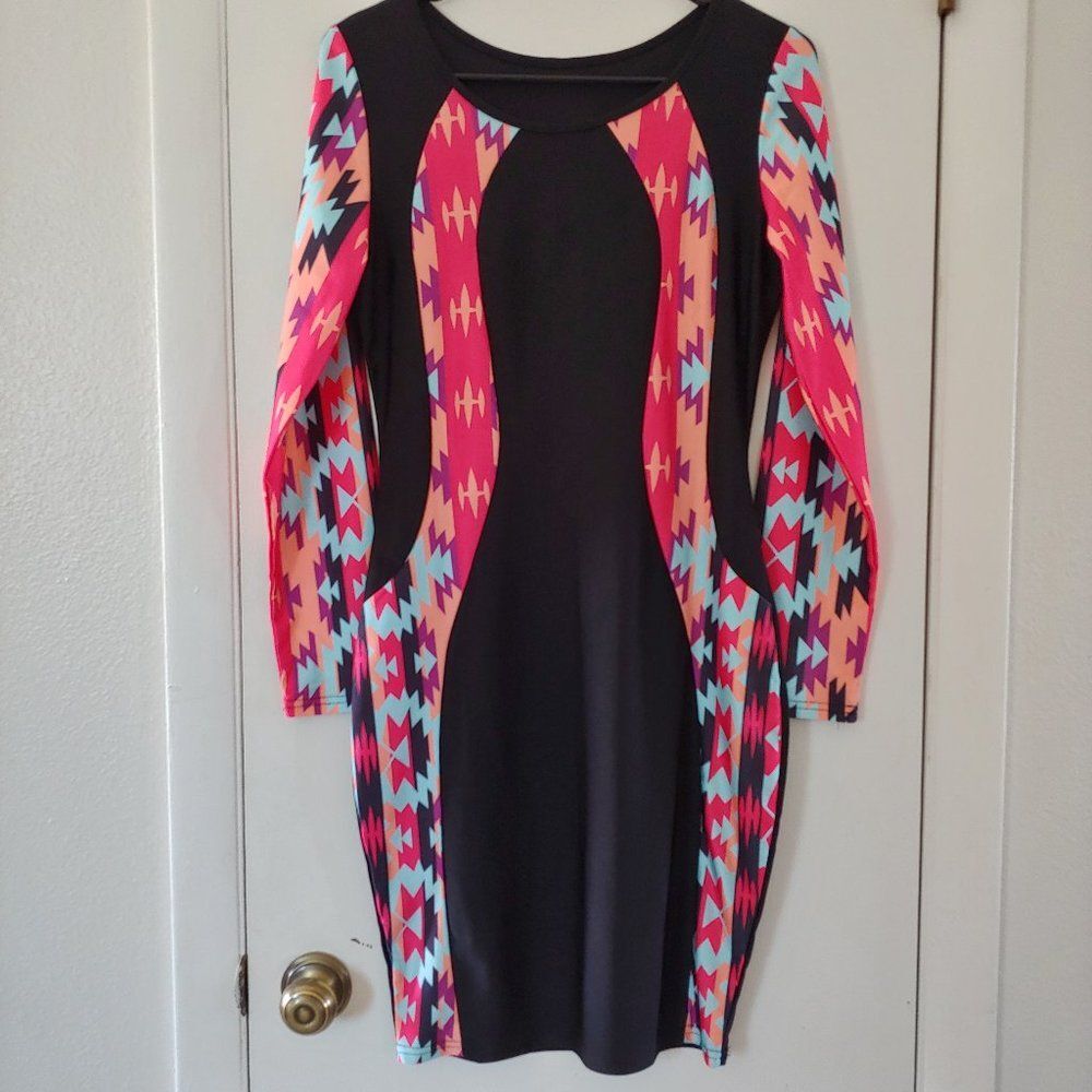 neon southwest stretchy long sleeve bodycon dress